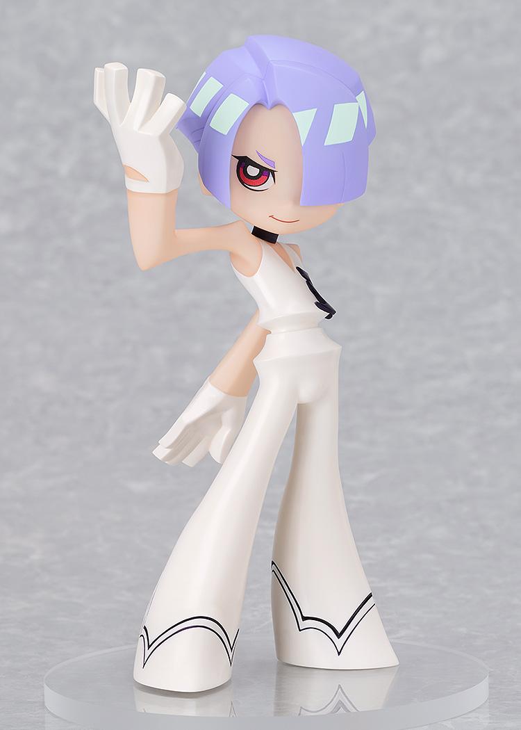 Full-body front view of the Pop Up Parade Polyester figure posing with raised hand in a white flared outfit on a round acrylic stand.