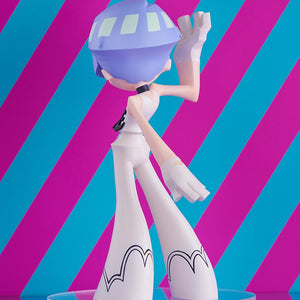 Rear angle view of the Pop Up Parade Polyester figure against a vivid pink and cyan diagonal stripe background.