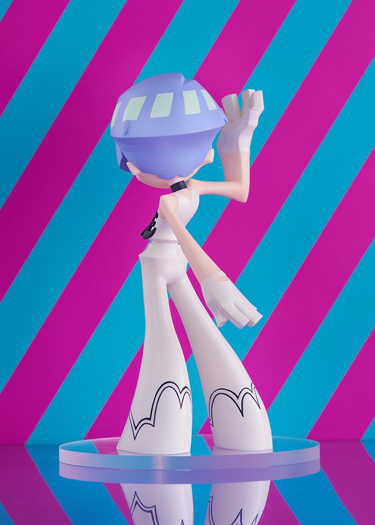 Rear angle view of the Pop Up Parade Polyester figure against a vivid pink and cyan diagonal stripe background.