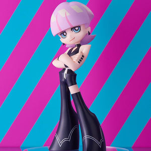 Full-body shot of the Pop Up Parade Polyurethane figure posing with crossed arms against a bright pink and blue striped background.