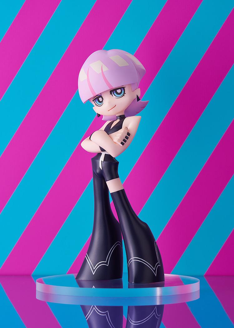 Full-body shot of the Pop Up Parade Polyurethane figure posing with crossed arms against a bright pink and blue striped background.