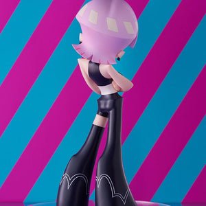 Rear perspective of the Pop Up Parade Polyurethane figure standing on a clear circular base against a striped backdrop.