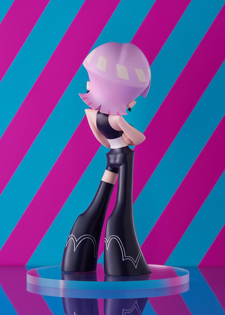 Rear perspective of the Pop Up Parade Polyurethane figure standing on a clear circular base against a striped backdrop.
