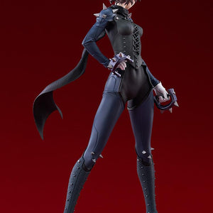 Side profile of the Persona 5 Royal Queen figure highlighting the detailed corset, long scarf, and studded boots.