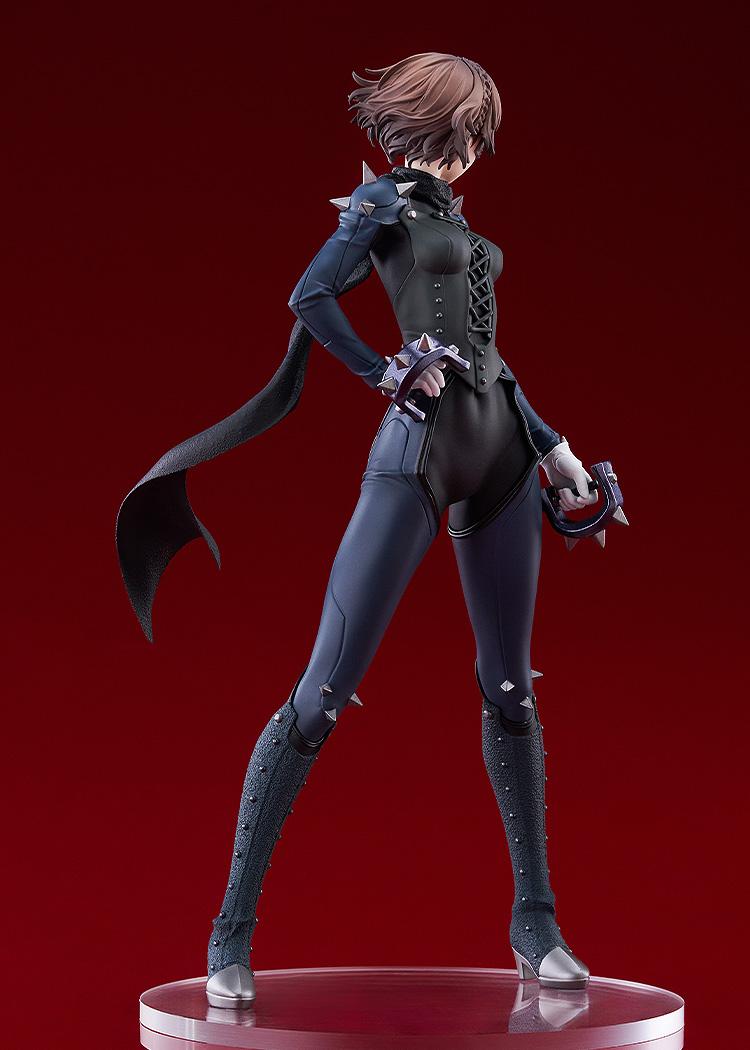 Side profile of the Persona 5 Royal Queen figure highlighting the detailed corset, long scarf, and studded boots.
