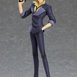 Spike Spiegel non-articulated figure standing on a clear circular base with a neutral grey studio background.