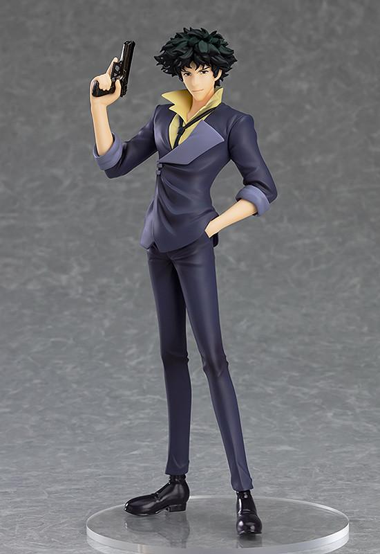 Spike Spiegel non-articulated figure standing on a clear circular base with a neutral grey studio background.