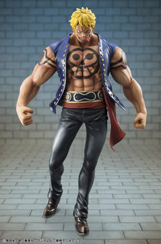 Megahouse Portrait.Of.Pirates One Piece Bellamy the Hyena Sailing Again reissue figure standing in standard battle pose with tongue out.