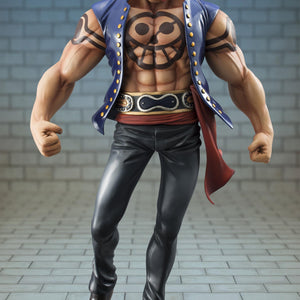 Megahouse Portrait.Of.Pirates One Piece Bellamy the Hyena Sailing Again reissue figure standing in standard battle pose with tongue out.