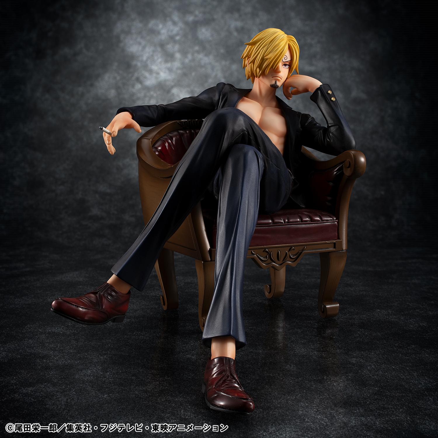 Megahouse Portrait.Of.Pirates S.O.C. One Piece Sanji Ver.R figure sitting cross-legged on an armchair holding a cigarette.