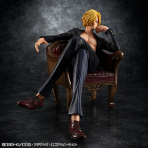 Megahouse Portrait.Of.Pirates S.O.C. One Piece Sanji Ver.R figure sitting cross-legged on an armchair holding a cigarette.