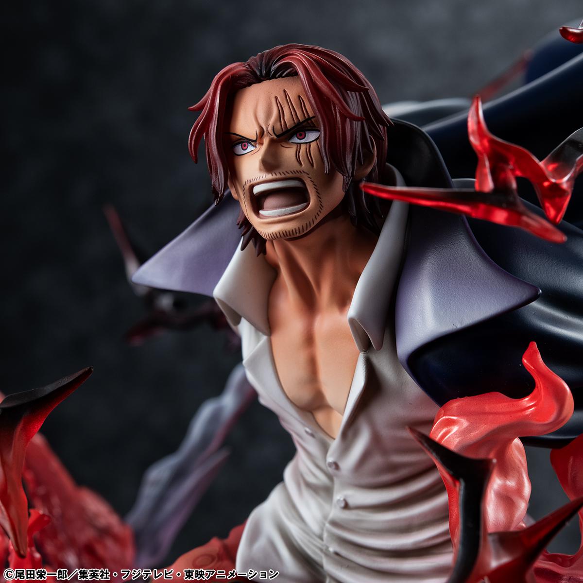 Macro shot of the face and hair of the Portrait of Pirates SA-MAXIMUM Shanks collectible.