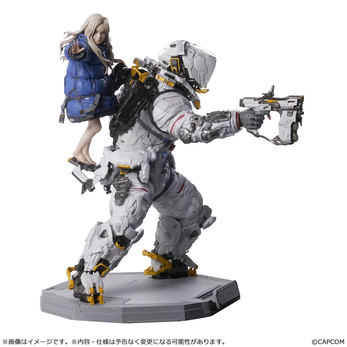 Right-side three-quarter view of the non-articulated Pragmata Hugh and Diana statue, showing the contrast between the weathered astronaut armor panels and Diana's extended hand pose.