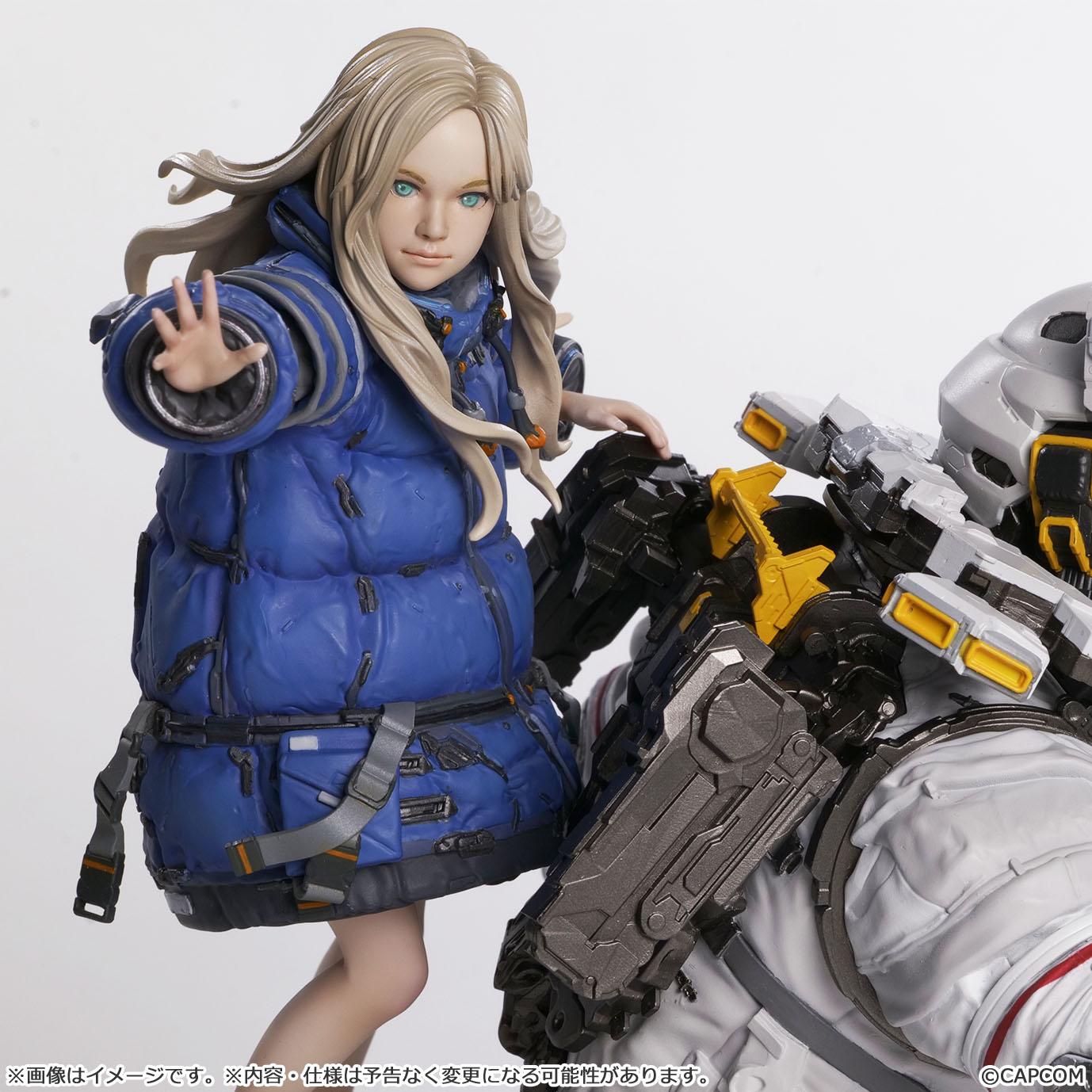 Macro close-up portrait of the Diana figure component, detailing her realistic blonde hair sculpt, green eyes, blue winter jacket, and extended right hand.