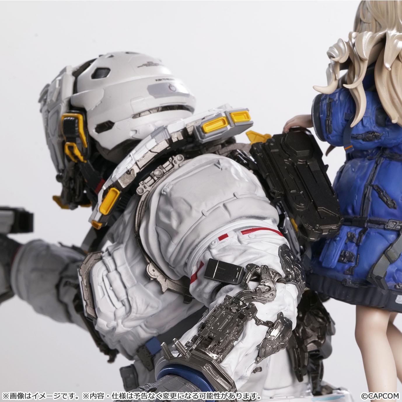 Detailed close-up shot focusing on the back of Hugh's futuristic astronaut helmet and the intricate exoskeleton arm wiring on his shoulder armor block.