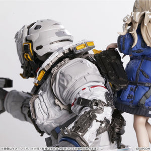 Detailed close-up shot focusing on the back of Hugh's futuristic astronaut helmet and the intricate exoskeleton arm wiring on his shoulder armor block.