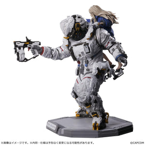 Side profile view of the 11-inch Pragmata Hugh and Diana collectible statue, highlighting Hugh's extended arm aiming a sci-fi pistol and the technical detail of his armored backpack.