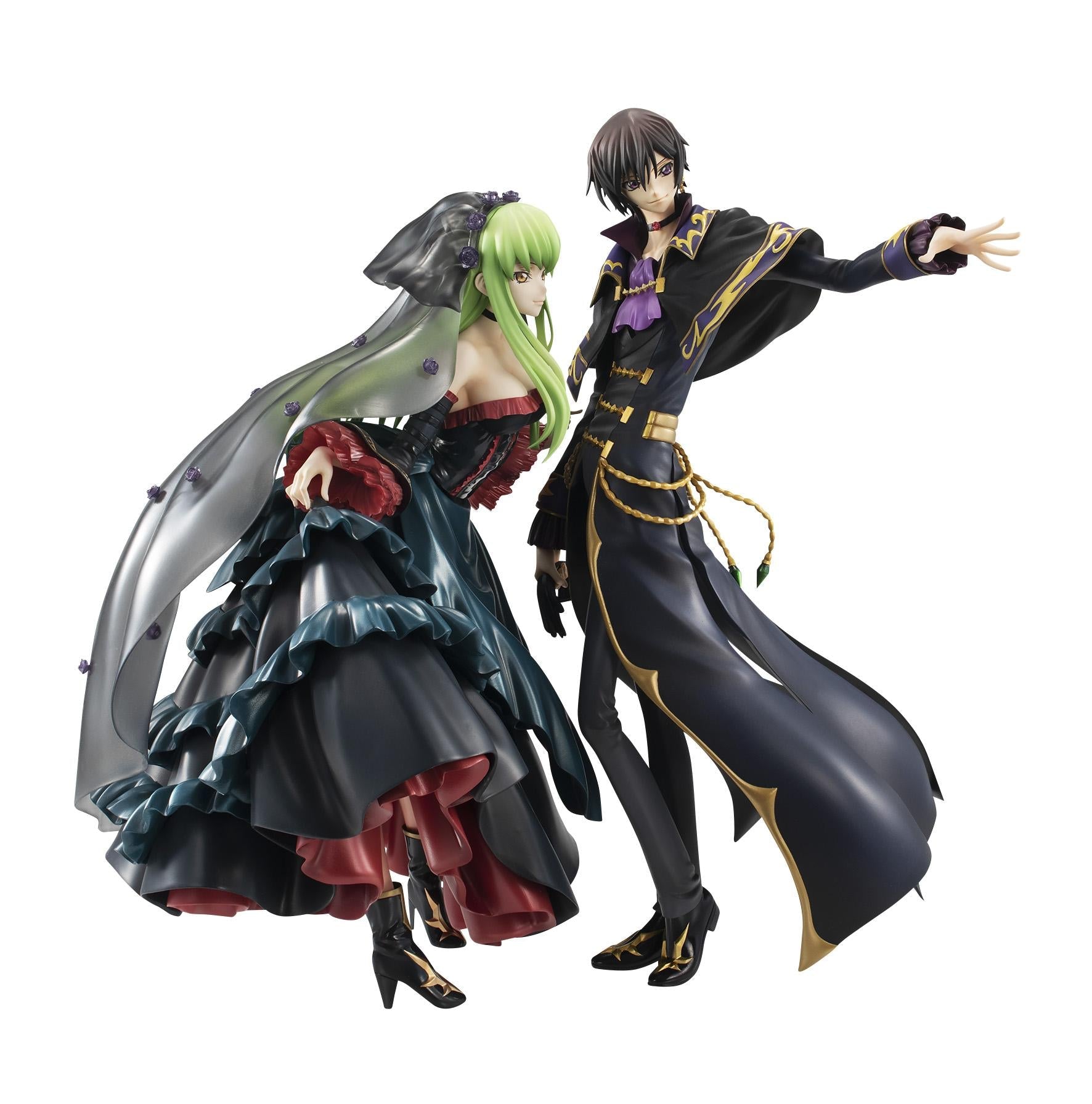 Side view of Lelouch and C.C. figures, showcasing the intricate sculpting of C.C.'s black ruffled gown and Lelouch's high-collared coat.