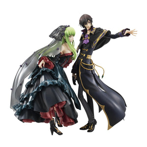 Side view of Lelouch and C.C. figures, showcasing the intricate sculpting of C.C.'s black ruffled gown and Lelouch's high-collared coat.