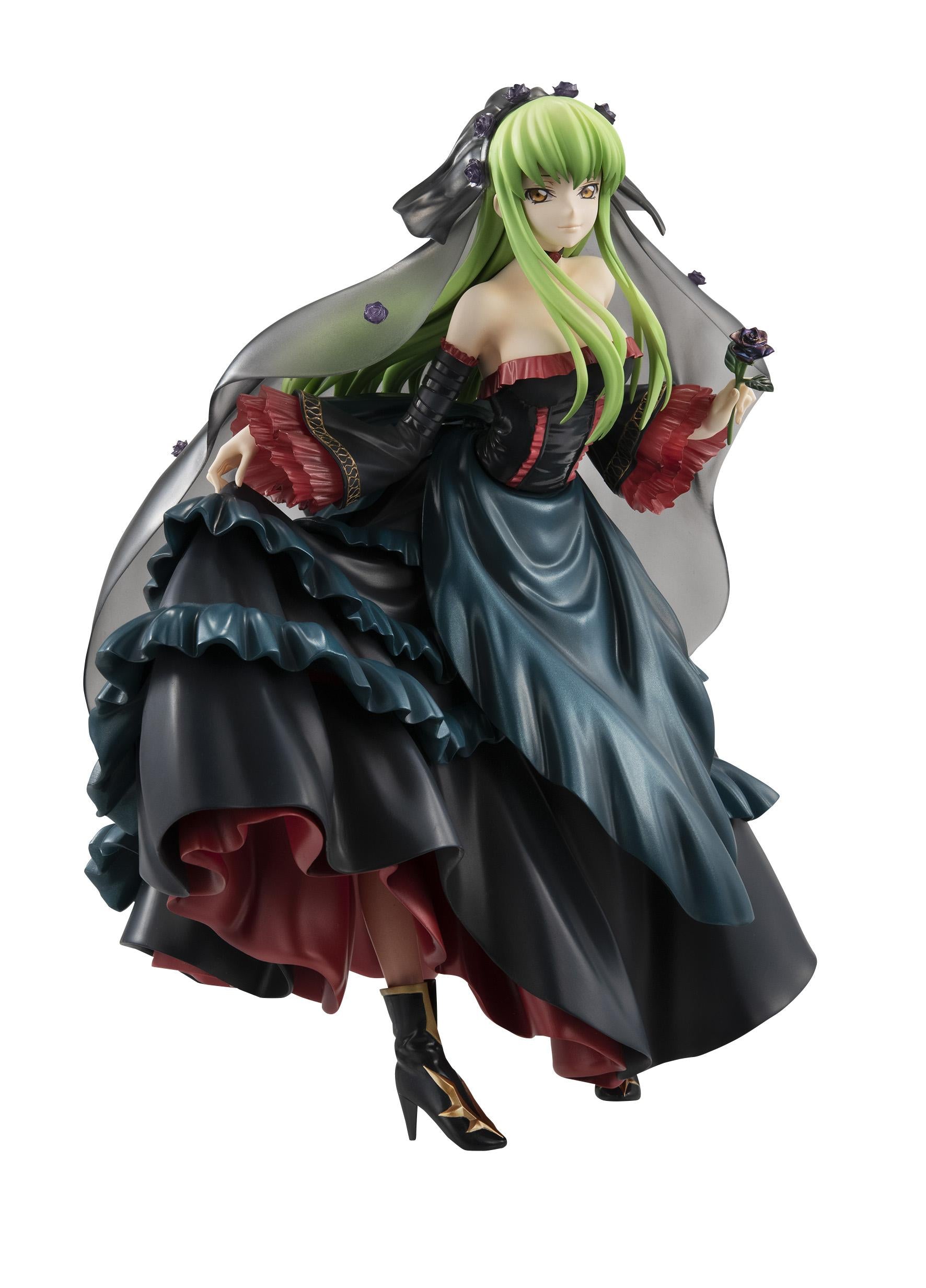 A standalone view of the C.C. figure holding a black rose, wearing a translucent veil with purple rose accents.