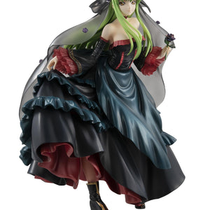 A standalone view of the C.C. figure holding a black rose, wearing a translucent veil with purple rose accents.