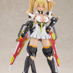 Front view of the Grande Scale Phantasy Star Online 2 es Gene Stellatears figure with the red Fossil Bauer double saber weapon sheathed and mounted to her hips.