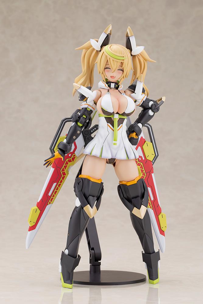 Front view of the Grande Scale Phantasy Star Online 2 es Gene Stellatears figure with the red Fossil Bauer double saber weapon sheathed and mounted to her hips.