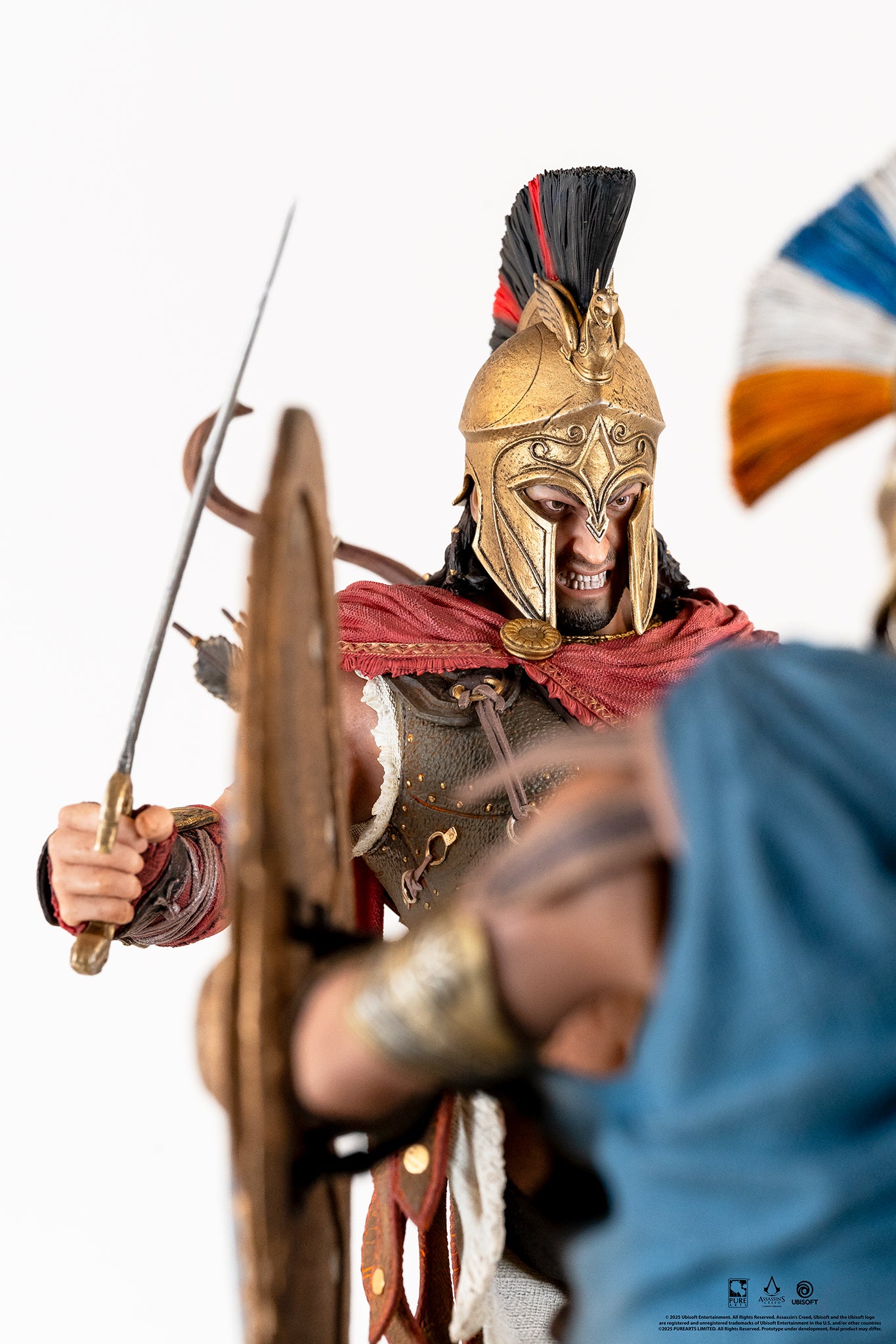 Close-up portrait of Alexios' face, showing his determined expression and the fierce grip on his Kopis sword.