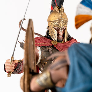Close-up portrait of Alexios' face, showing his determined expression and the fierce grip on his Kopis sword.