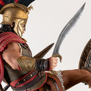 Close-up of Alexios wielding his curved Kopis sword, showing the detail of his red-plumed helmet and golden armor.