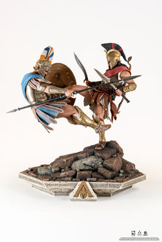 Full frontal view of the PureArts Spartan Kick Diorama featuring Alexios executing the Spartan Kick on an Athenian soldier.
