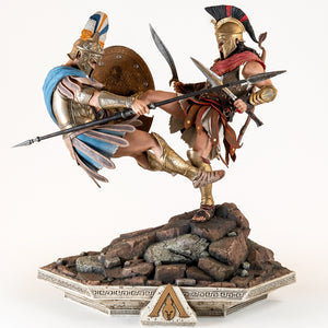 Full frontal view of the PureArts Spartan Kick Diorama featuring Alexios executing the Spartan Kick on an Athenian soldier.
