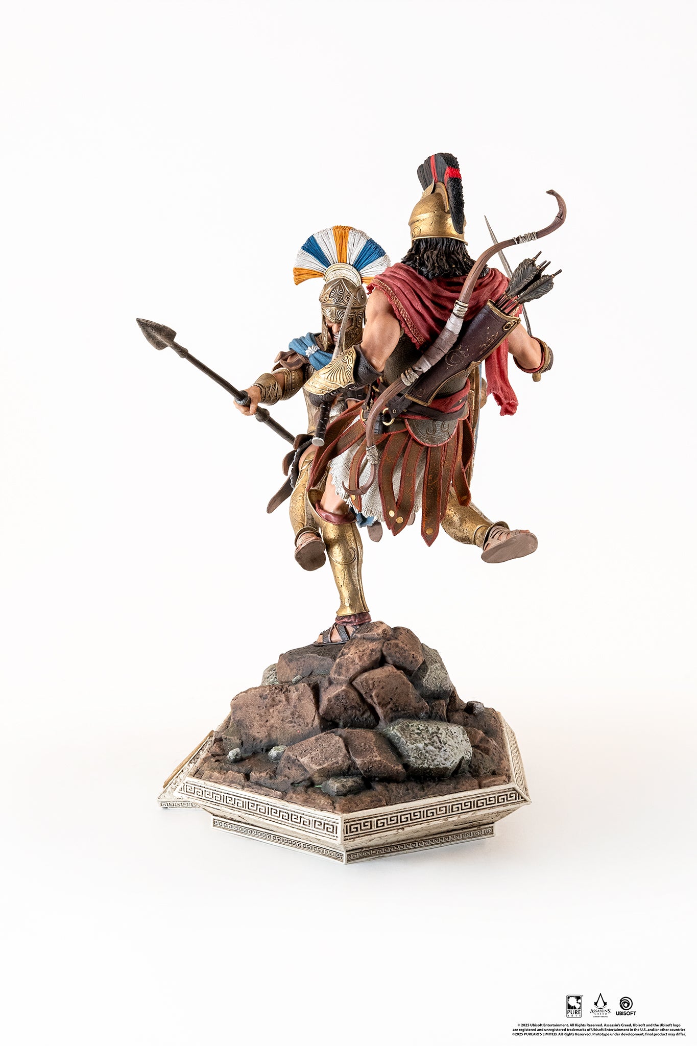 Back three-quarter view of the diorama, showing Alexios' bow and arrow quiver and the Athenian soldier's spear.