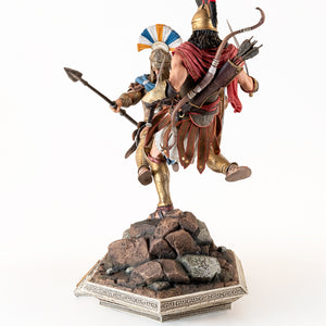 Back three-quarter view of the diorama, showing Alexios' bow and arrow quiver and the Athenian soldier's spear.