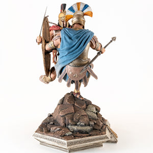 Rear view of the Spartan Kick diorama, showing the back of the Athenian soldier's blue cloak and Alexios' archer quiver.