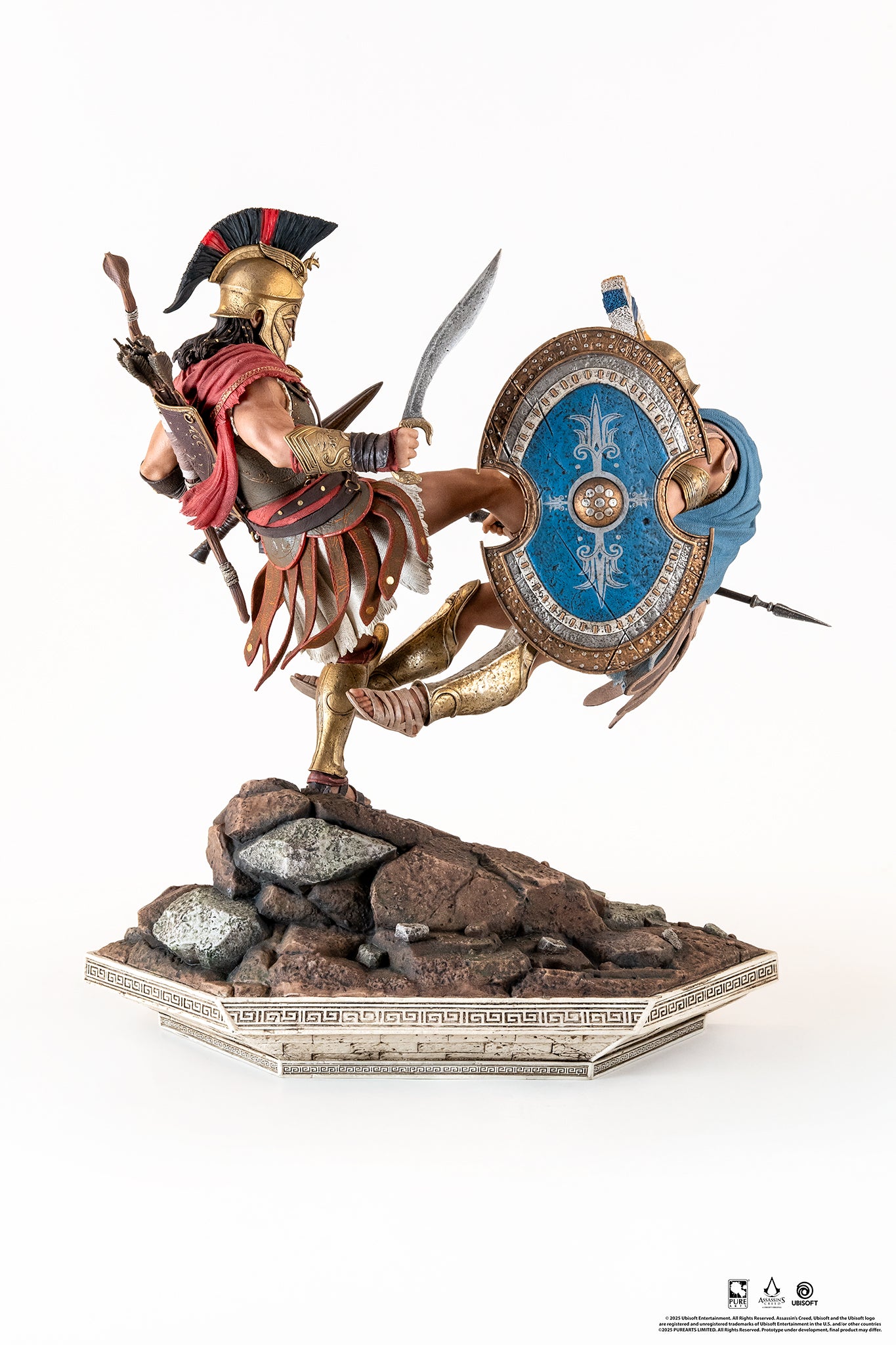 Angled front view of the diorama, clearly showing Alexios' foot making contact with the Athenian soldier's shield.