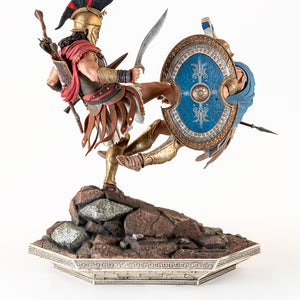 Angled front view of the diorama, clearly showing Alexios' foot making contact with the Athenian soldier's shield.