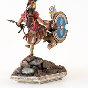 Rear-side view of the diorama, focusing on Alexios' powerful leg and the detail of the Athenian soldier's blue shield.