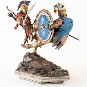 A wide side angle of the diorama, emphasizing the airborne motion of the Athenian soldier and his large shield.