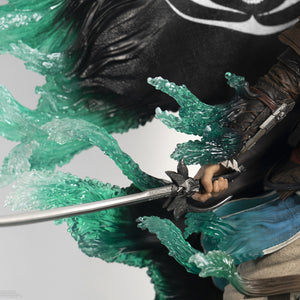 A close-up shot of the Edward Kenway statue, focusing on his hand gripping the saber hilt and the glowing, translucent green Animus effect.