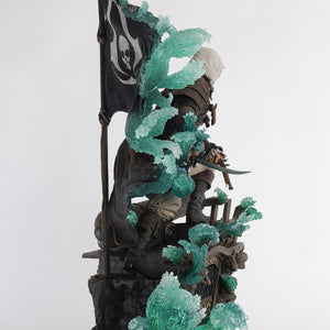 A back right-angle profile view of the Animus Edward Kenway statue, emphasizing the swirling, translucent Animus effect.