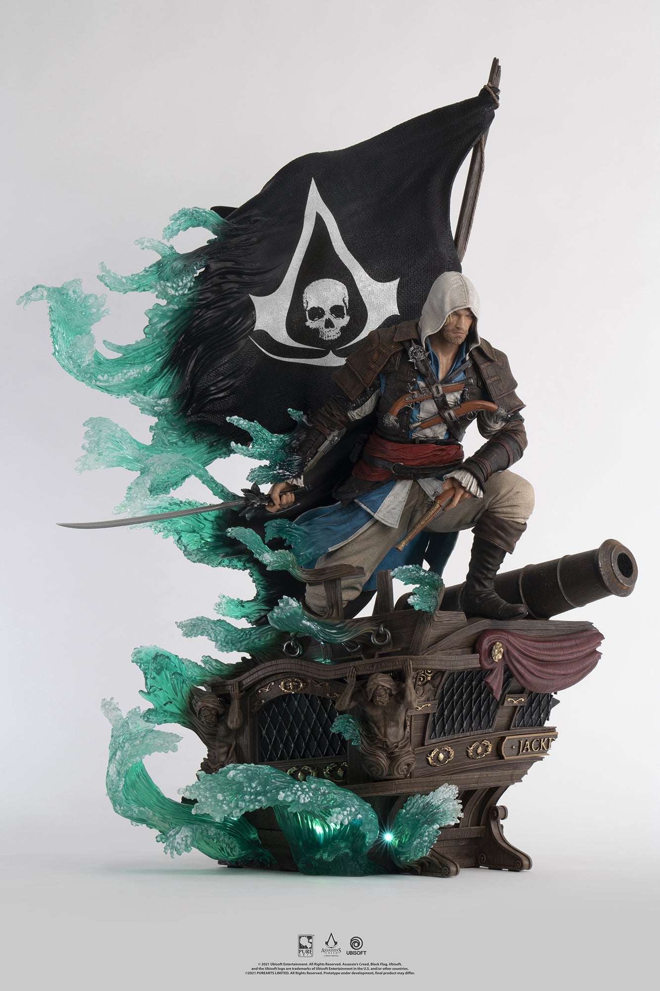 A quarter turn to the left shot of the Assassin’s Creed Animus Edward Kenway statue, highlighting the detailed sculpt, the flowing Animus effect, and the Jackdaw ship base.