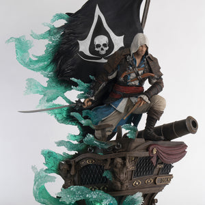 A quarter turn to the left shot of the Assassin’s Creed Animus Edward Kenway statue, highlighting the detailed sculpt, the flowing Animus effect, and the Jackdaw ship base.