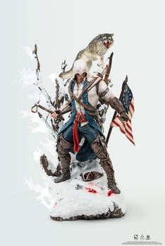 Front view of the Animus Connor 1/4 scale statue by PureArts, showing Connor Kenway in a dynamic pose with a wolf on a snowy base.