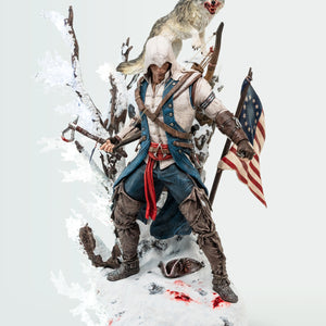 Front view of the Animus Connor 1/4 scale statue by PureArts, showing Connor Kenway in a dynamic pose with a wolf on a snowy base.