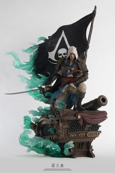 Front view of the 1/4 scale PureArts statue, featuring Edward Kenway on the Jackdaw's stern with his saber drawn, showcasing the full figure and the Animus effect.