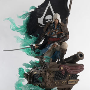 Front view of the 1/4 scale PureArts statue, featuring Edward Kenway on the Jackdaw's stern with his saber drawn, showcasing the full figure and the Animus effect.