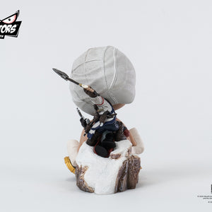 A back view of the PureArts Qlectors Connor figure, showing the details of his robes and the base from a different perspective.
