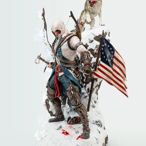 A dynamic three-quarter view of the Animus Connor statue, showcasing his fighting pose with the tomahawk and the wolf on a rocky perch.