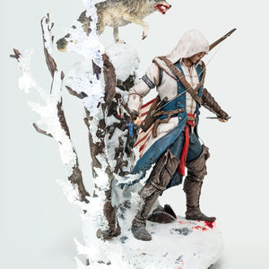 A left side profile of the Animus Connor statue, showing Connor with his bow and the wolf in the background against the snow-covered base.
